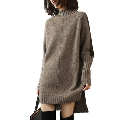 Turtleneck Knitted Sweater for Women – Autumn/Winter Warm Thick Pullovers, Wool Knit Crochet Y2K Split Jumper Cardigan