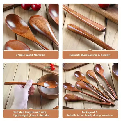 6Pcs Wooden Spoon Set – Natural Wood Kitchen Utensils for Soup, Dessert & Dinner Serving
