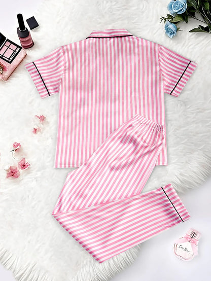 Classic Striped Satin Pajama Set – Short-Sleeve Top with Pocket & Long Pants Sleepwear with Lapel Collar