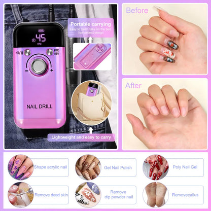45000RPM Electric Nail Drill – Professional Rechargeable Nail File for Gel Nails, Portable Manicure Tool