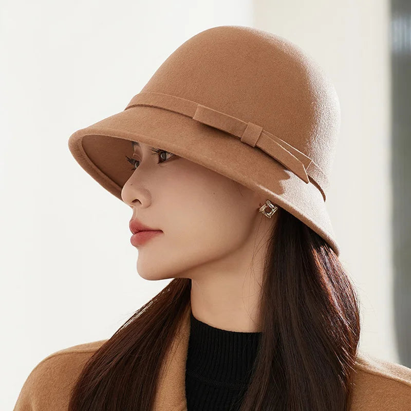 Women's Tweed Hat for Fall and Winter - Hepburn Style Elegant Warm Felt Fishing Cap with High-Class Bowler Design