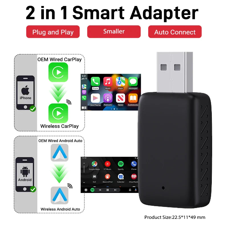 2025 Wired to Wireless CarPlay 2 in 1 Mini Adapter – Android Auto Smart Box, Plug & Play, OTA Update, Universal Compatibility