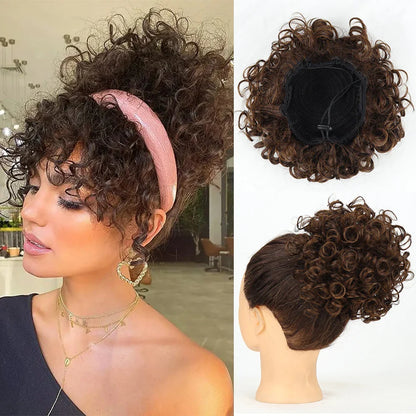 Synthetic Messy Bun Hair Piece – 60g Elastic Drawstring Curly Wave Hair Bun Extension for Women (Dark Brown)