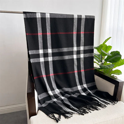 Luxury Brand Winter Plaid Cashmere-Like Blanket Scarf - Thick Warm Pashmina Shawl Wrap with Tassels, Poncho Stoles Echarpe