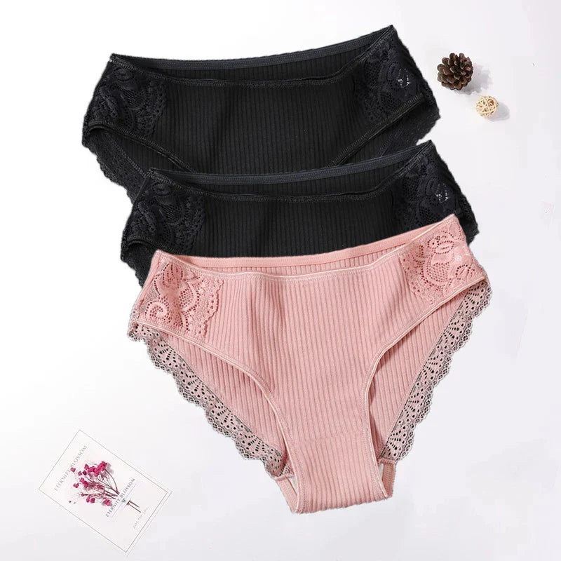 Floral Lace Cotton Women’s Panties - Comfortable Briefs, Solid Color Underwear, 3PCS/Set, Sizes M-XXL