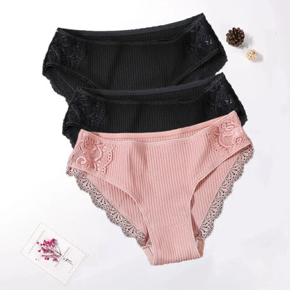 Floral Lace Cotton Women’s Panties - Comfortable Briefs, Solid Color Underwear, 3PCS/Set, Sizes M-XXL