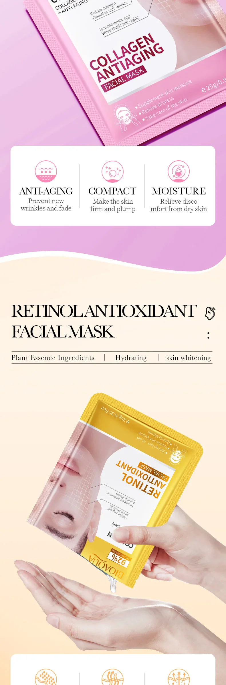 15PCS BIOAQUA Retinol Collagen Face Masks – Firming, Hydrating, Brightening & Moisturizing Skincare