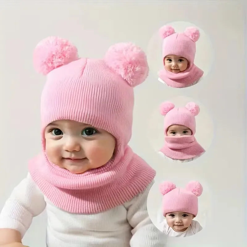 Kids Winter Hooded Knitted Hat - Warm Double-Ball Cap with Ear & Neck Protection