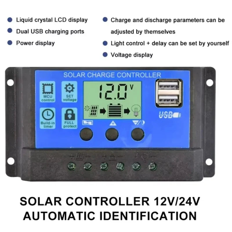Solar Charge Controller - 12V/24V PV Regulator with LCD Display Dual USB 5V Output Load Discharge for Solar Panels