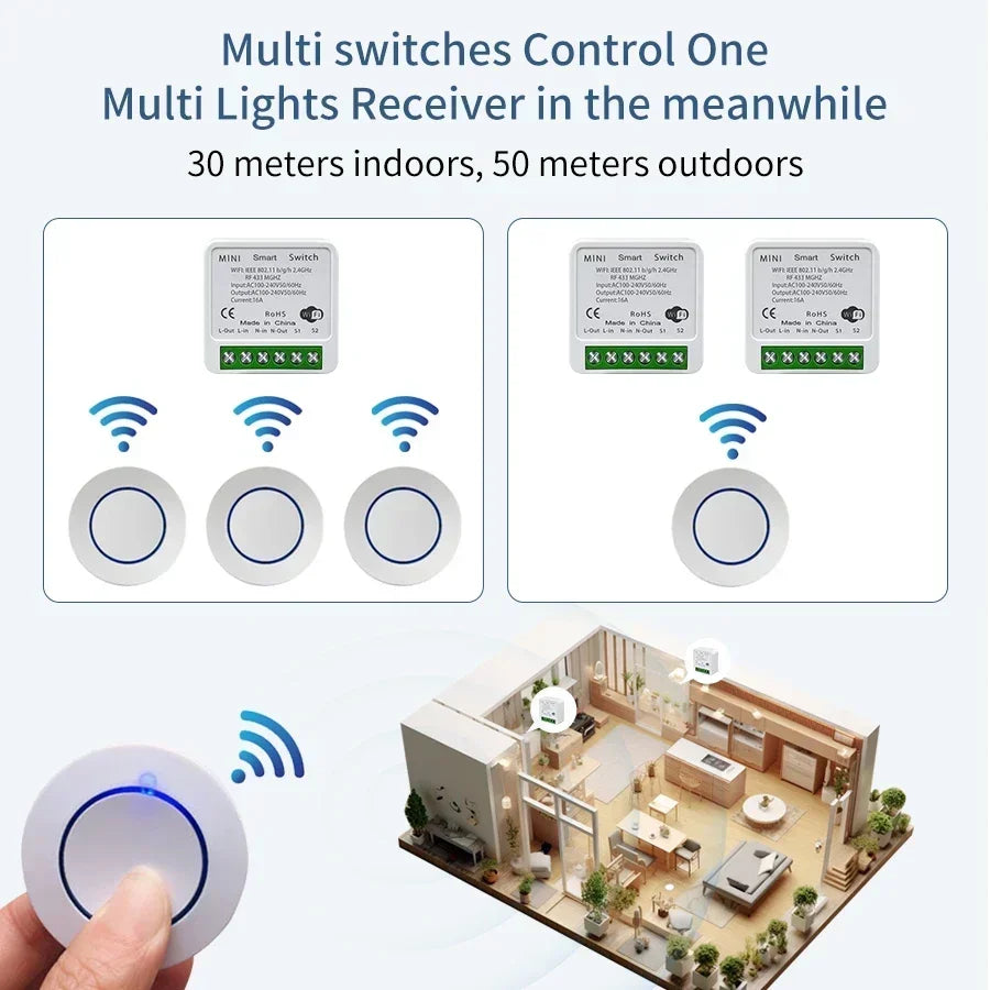 Tuya WiFi Smart Switch – 16A RF 433MHz Wireless Mini Round Button for Alexa & Google Home