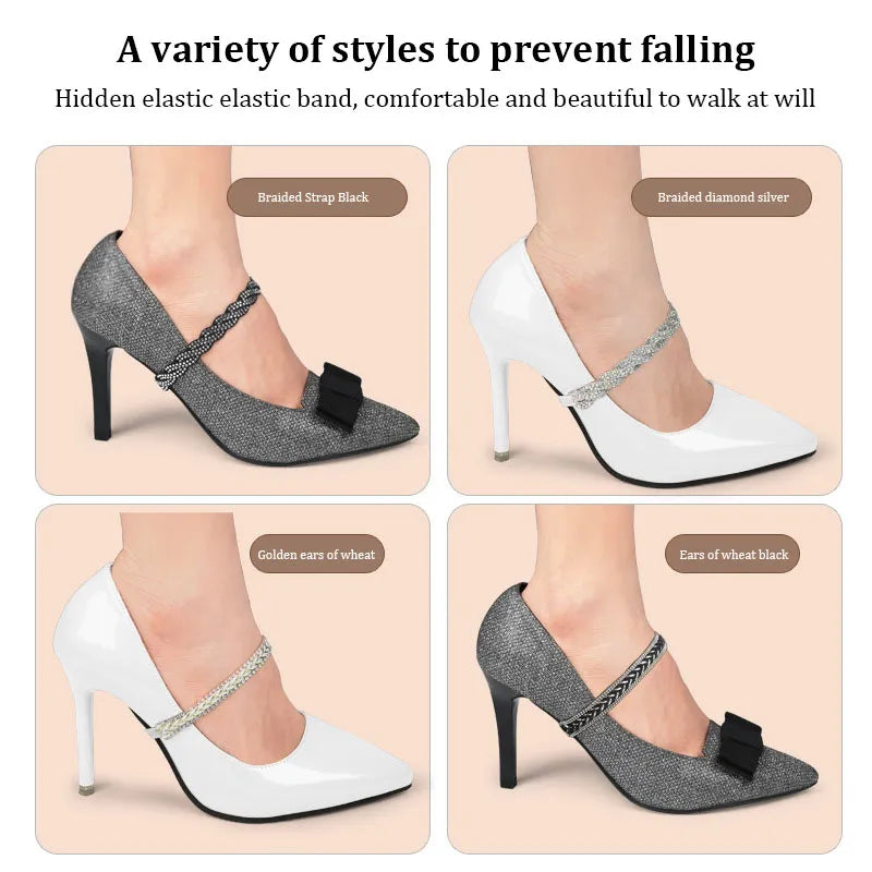 Women's Adjustable Ankle Shoe Belt - Holding Bundle Shoelaces Tie Straps Band - Elastic Rhinestone Shoelaces for High Heels