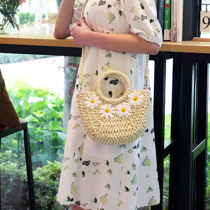 Hand-Woven Straw Beach Bag – Women’s Handmade Moon Basket Crossbody Bohemian Summer Tote