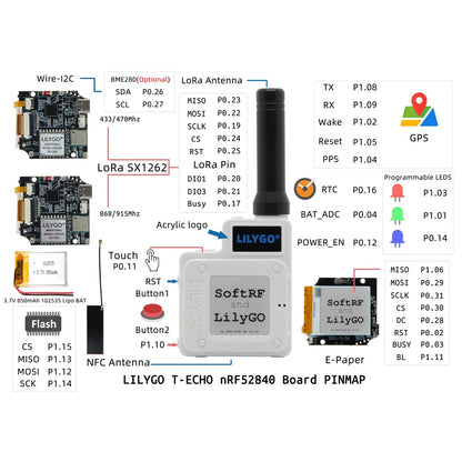 LILYGO® TTGO T-Echo NRF52840 LoRa Wireless Module – 433/868/915MHz, GPS, E-Paper & BME280 Sensor for Arduino