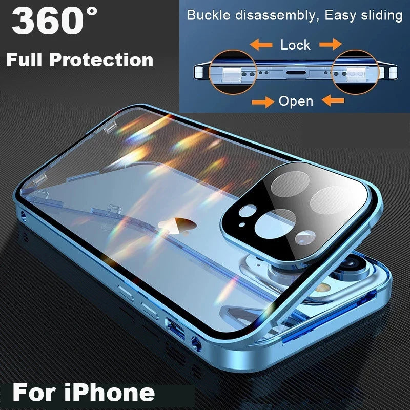 360° Full Protection Magnetic Metal Phone Case - Double Sided Glass Snap Lock Bumper Cover for iPhone 16 Pro Max 15 14 13 12 11 Pro Max