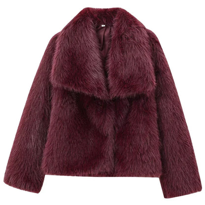 HXAO Women's Fur Coat – 2024 Plush Burgundy Bomber Jacket, Solid Crop Long Sleeve Warm Winter Casual Coat