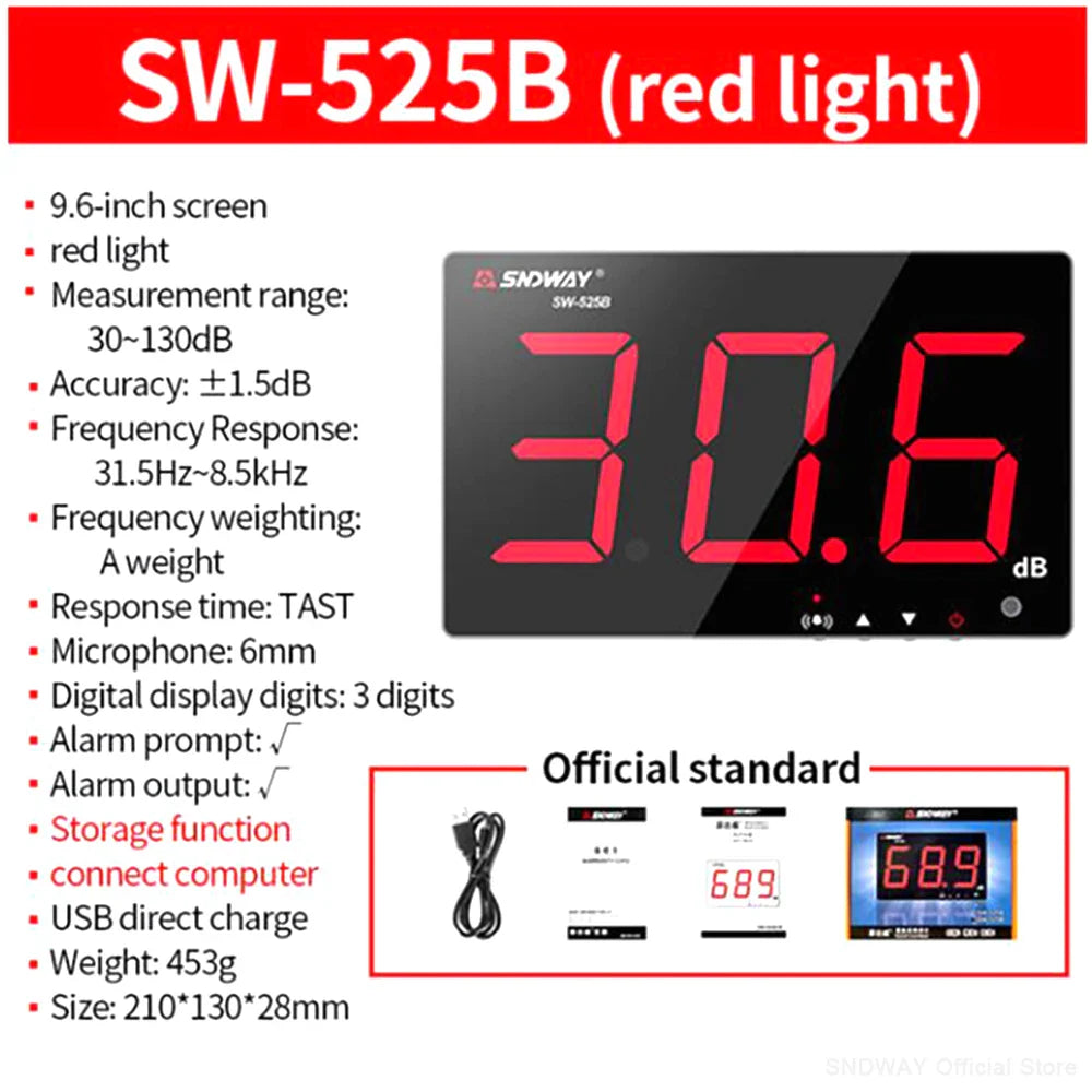 SNDWAY SW-525 Sound Level Meter — Wall-Mounted Digital Noise & Decibel Detector 30-130dB Professional dB Meter