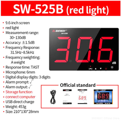 SNDWAY SW-525 Sound Level Meter — Wall-Mounted Digital Noise & Decibel Detector 30-130dB Professional dB Meter