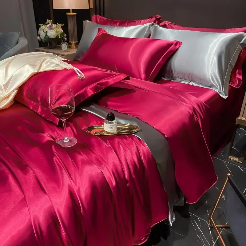 Solid Silk Bedding Set - Luxury Duvet Cover Bed Sheet Pillowcase Set For King Single Double Couple Beds