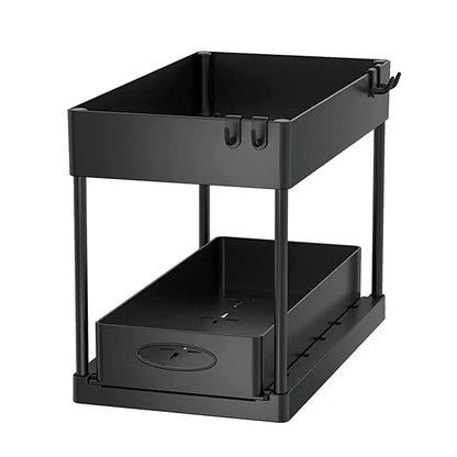 2-Tier Under Sink Organizer - Sliding Cabinet Basket with Hooks, Hanging Cup for Bathroom and Kitchen Storage