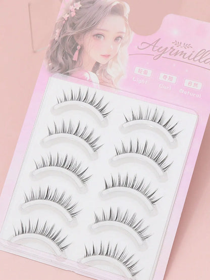 5 Pairs Cat Eye Faux Mink Eyelashes – Winged Long Natural Manga Style False Lashes Makeup Set