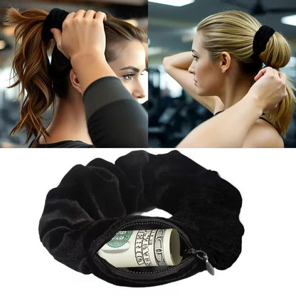 Velvet Scrunchie with Hidden Pocket – Zippered Elastic Hair Tie & Headband, Stylish Ponytail Holder with Secret Storage Accessory for Women & Girls