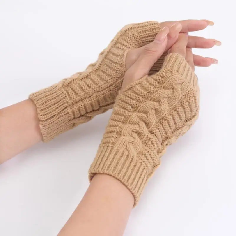 Women’s Stylish Winter Fingerless Gloves — Hand Warmer Arm Crochet Knitting Faux Wool Mittens with Twist Pattern