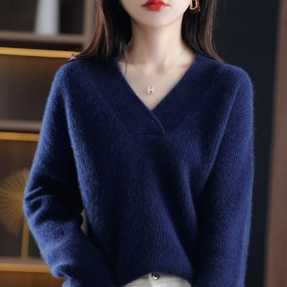 Women’s Knitted V-Neck Sweater – Long Sleeve Solid Pullover Knit Top