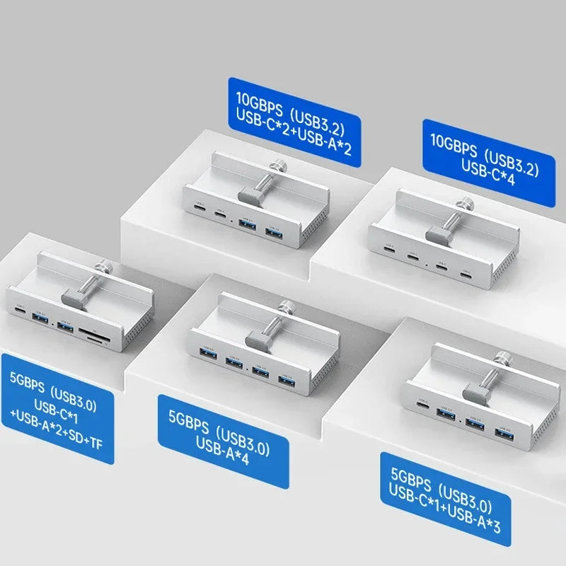 Aluminum 4-Port USB 3.0 Hub — High-Speed Clip Hub with Power Supply, 5–10Gbps Data Transfer, USB 3.2 for Mac & PC