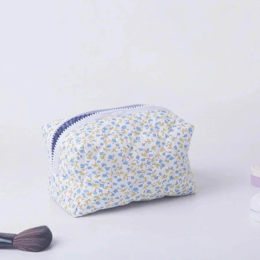 Floral Puffy Quilted Makeup Bag — Large Travel Cosmetic Organizer Pouch with Flower Print for Makeup Accessories