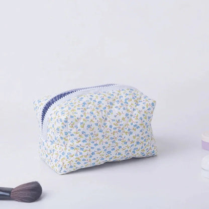 Floral Puffy Quilted Makeup Bag — Large Travel Cosmetic Organizer Pouch with Flower Print for Makeup Accessories