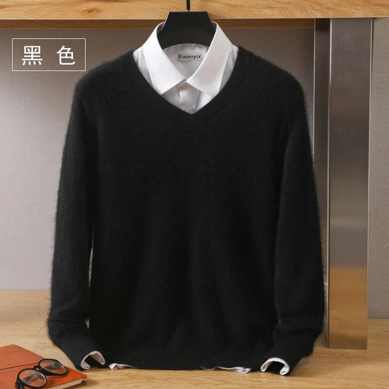 Men’s 100% Pure Mink Cashmere Sweater – V-Neck Knit Pullover, Long Sleeve Winter Jumper, Large Size High-End Top