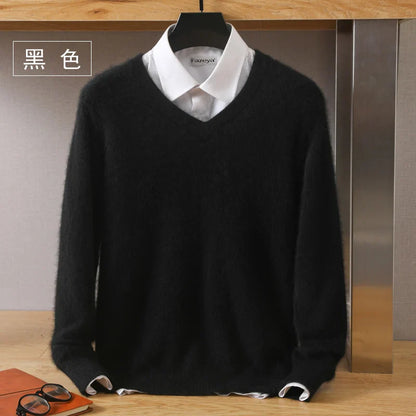 Men’s 100% Pure Mink Cashmere Sweater – V-Neck Knit Pullover, Long Sleeve Winter Jumper, Large Size High-End Top