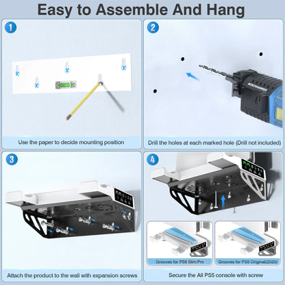 PS5/PS5 Slim/PS5 Pro Wall Mount Kit – With Charging Station, Cooling Fans & Headset Hanger, Behind-TV Wall Stand