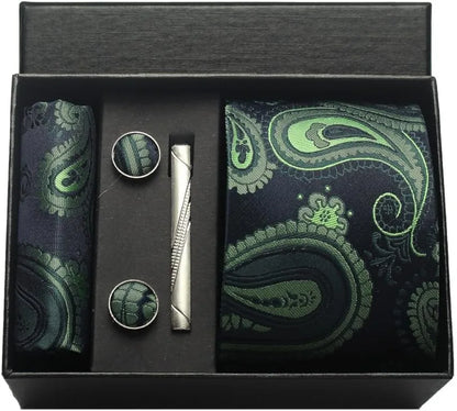 100% Silk Paisley Floral Necktie Set for Men - Premium Business Tie with Pocket Square Tie Clip Cufflinks Gift Box