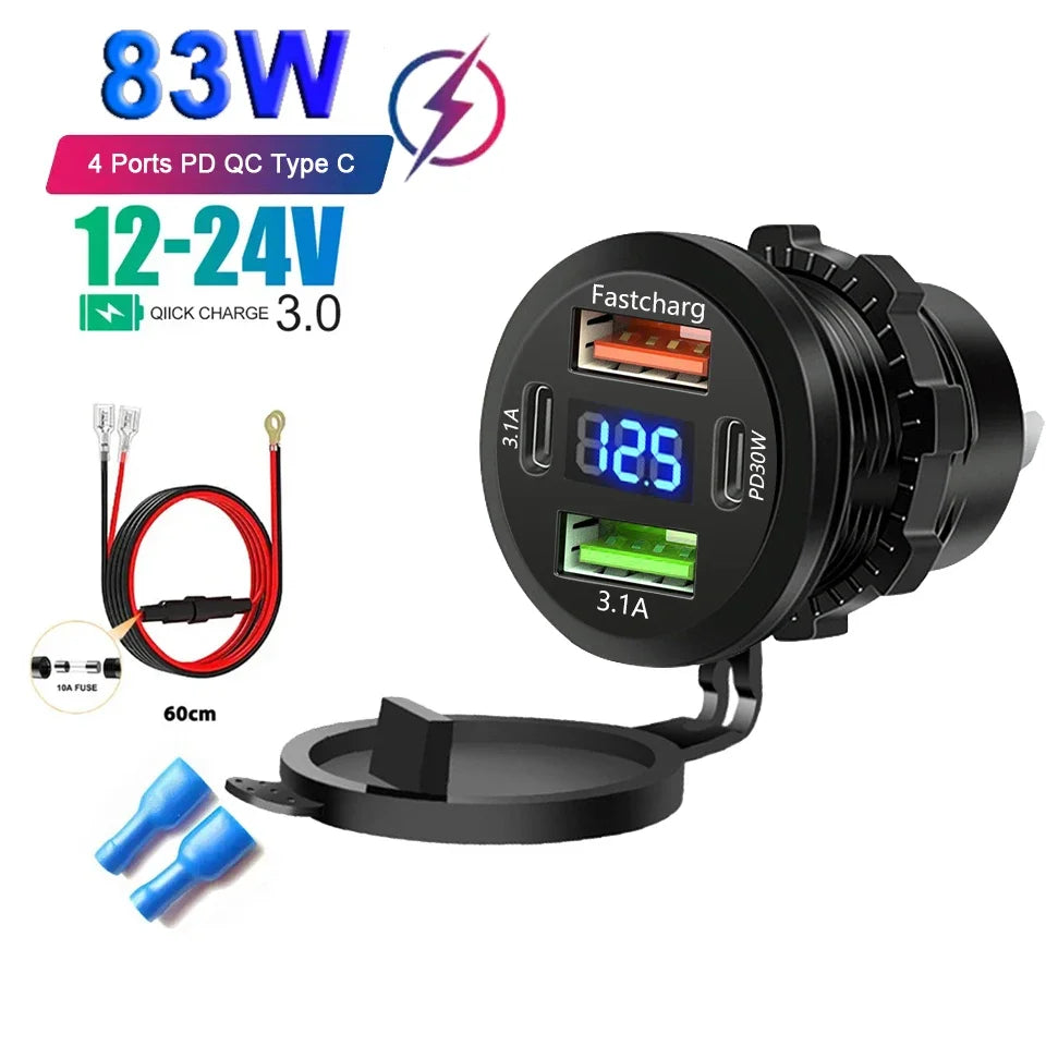 Car USB Fast Charger PD3.0 QC3.0 12/24V Socket with Voltmeter & On/Off Switch, Motorcycle Boat Auto Charging Adapter Accessory