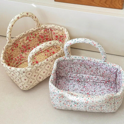 Cute Pink Flower Quilted Storage Basket with Handle – Foldable Home Organizer for Pet Toys & Room Storage