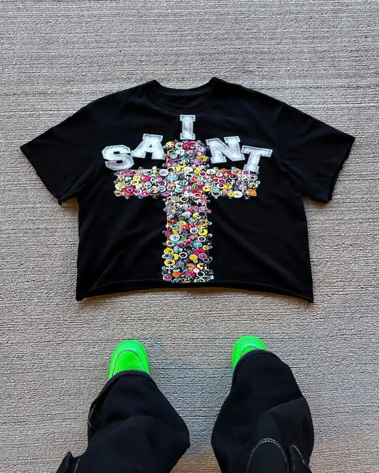 New Streetwear Unisex Harajuku T-Shirt – Vintage Cross Graphic Print, Oversized Goth Casual Cotton, Drop Shoulder Short Sleeve Top