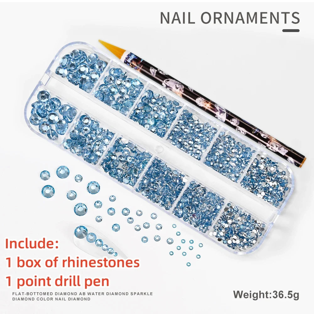 12-Grid 3D Glass AB Crystal Nail Art Rhinestones Kit – Flatback Round Beads with Tools for Nail Jewelry & Diamond Decoration