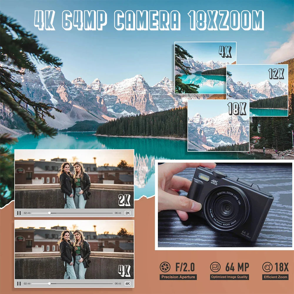4K Digital Camera – 64MP Compact Photography & Vlogging Camera with 18X Digital Zoom, 3'' 180° Flip Screen & Flash