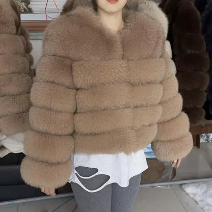 QUEENTINA Women’s Real Fox Fur Coat – Brown Leather & Skin Winter Fashion Outerwear 2025