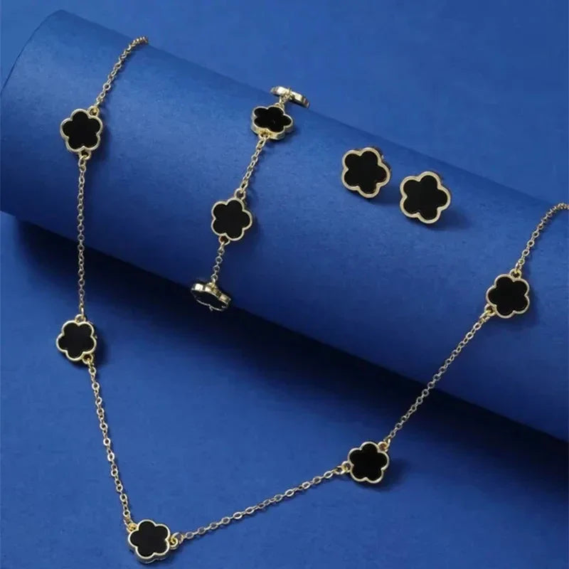 Lucky Five-Petal Flower & Clover Bracelet, Earrings, Necklace Set – Stylish Women's Party Jewelry Accessories