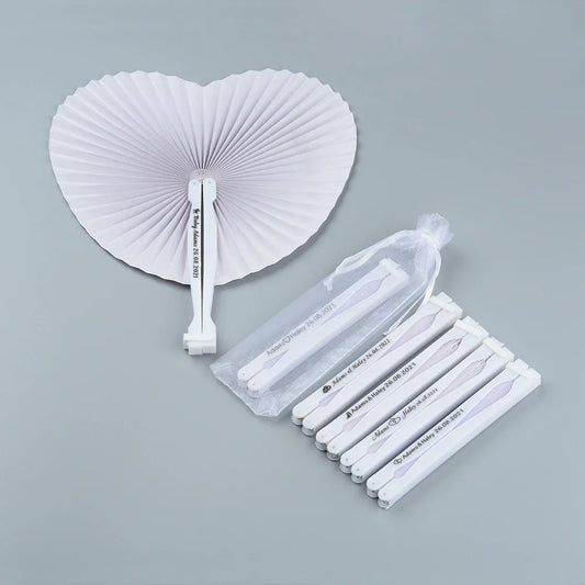 20/30PCS Personalized White Wedding Heart Paper Fans – Custom Logo Party Souvenirs & Guest Gifts for Engagements & Baptisms