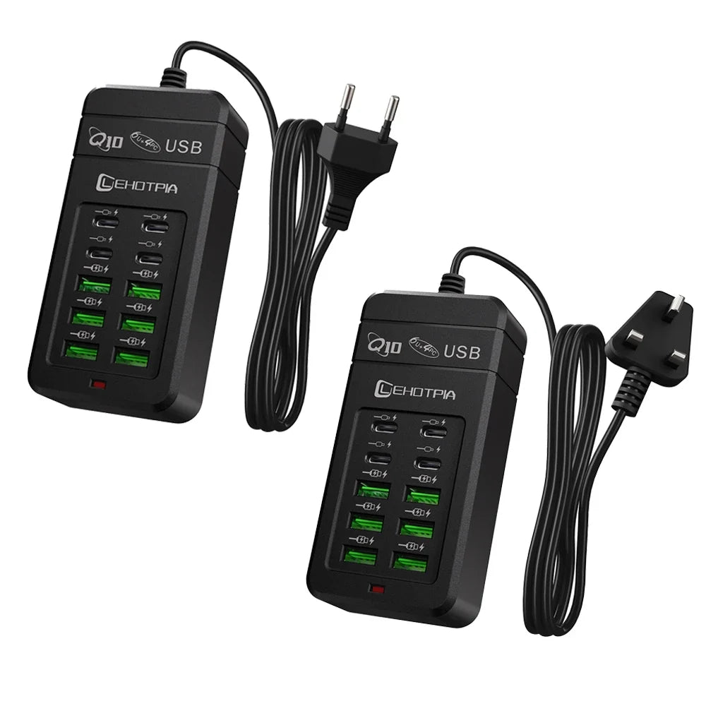 Multi-Port USB Fast Charger - EU UK US Plug 10-Port Power Adapter with 6 USB-A & 4 USB-C Ports Cable