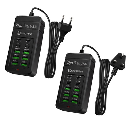 Multi-Port USB Fast Charger - EU UK US Plug 10-Port Power Adapter with 6 USB-A & 4 USB-C Ports Cable