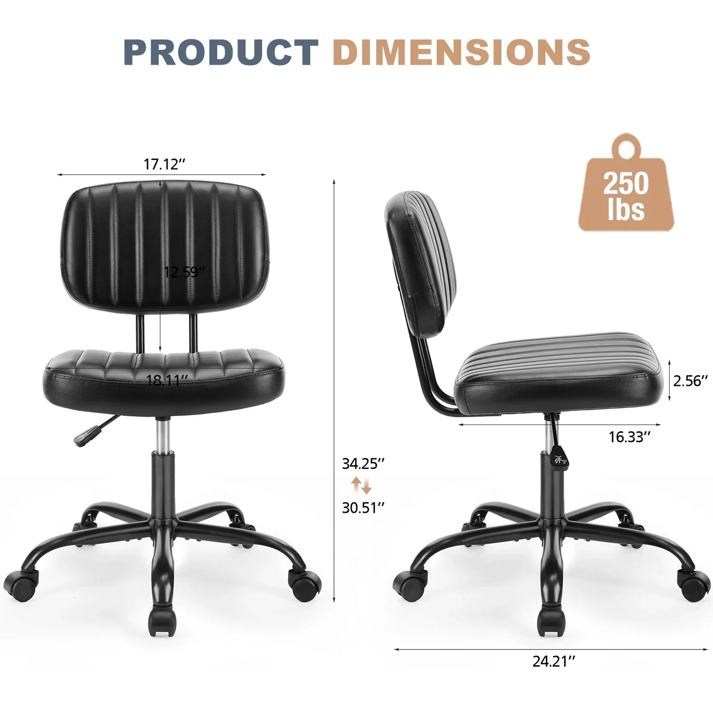 Armless Office Desk Chair – Height Adjustable PU Leather with Lumbar Support & 360° Swivel Wheels