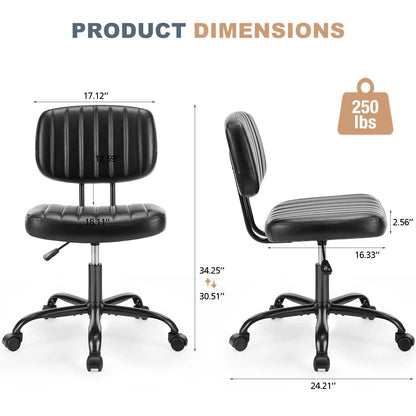 Armless Office Desk Chair – Height Adjustable PU Leather with Lumbar Support & 360° Swivel Wheels