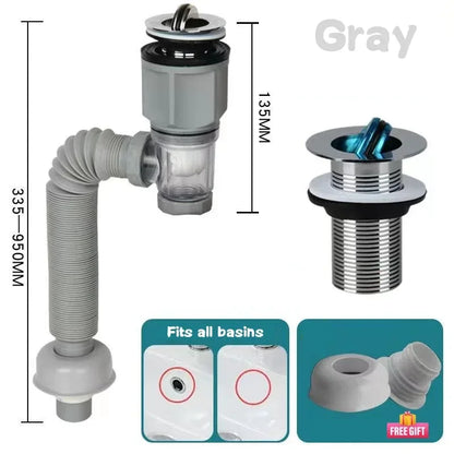 Flip-Top Kitchen Sink Drain with Retractable Deodorizing Filter - Anti-Clogging Flexible Downspout Bathroom Sink Accessory