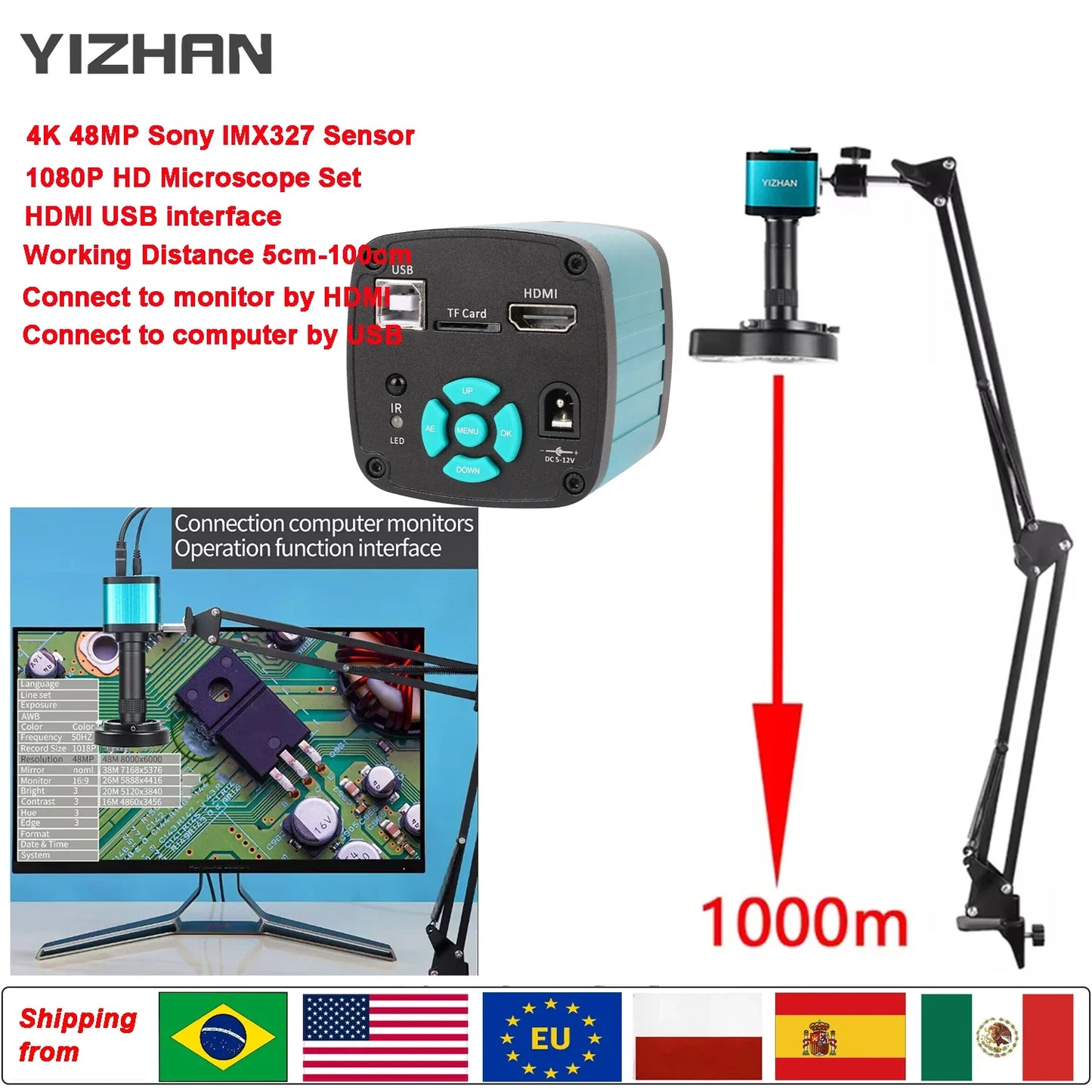 1080P 48MP 4K Digital Microscope – HDMI/USB/VGA Camera with 150X C-Mount & Articulated Arm for Repair