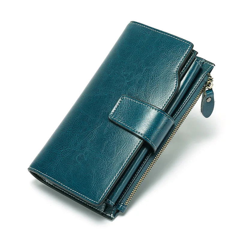 2024 New RFID Long Women’s Wallet — Genuine Leather Clutch with Zipper Coin Pocket, Card Holder & Printed Design