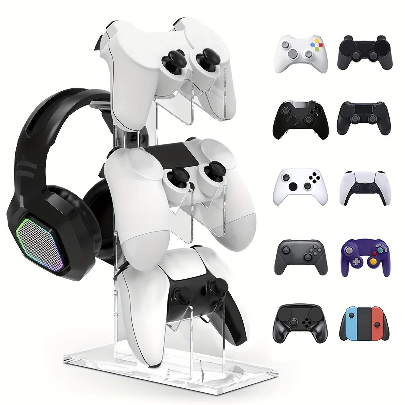 Universal 3-Tier Controller & Headphone Stand – PS5/PS4 Storage Holder in Black, White & Clear